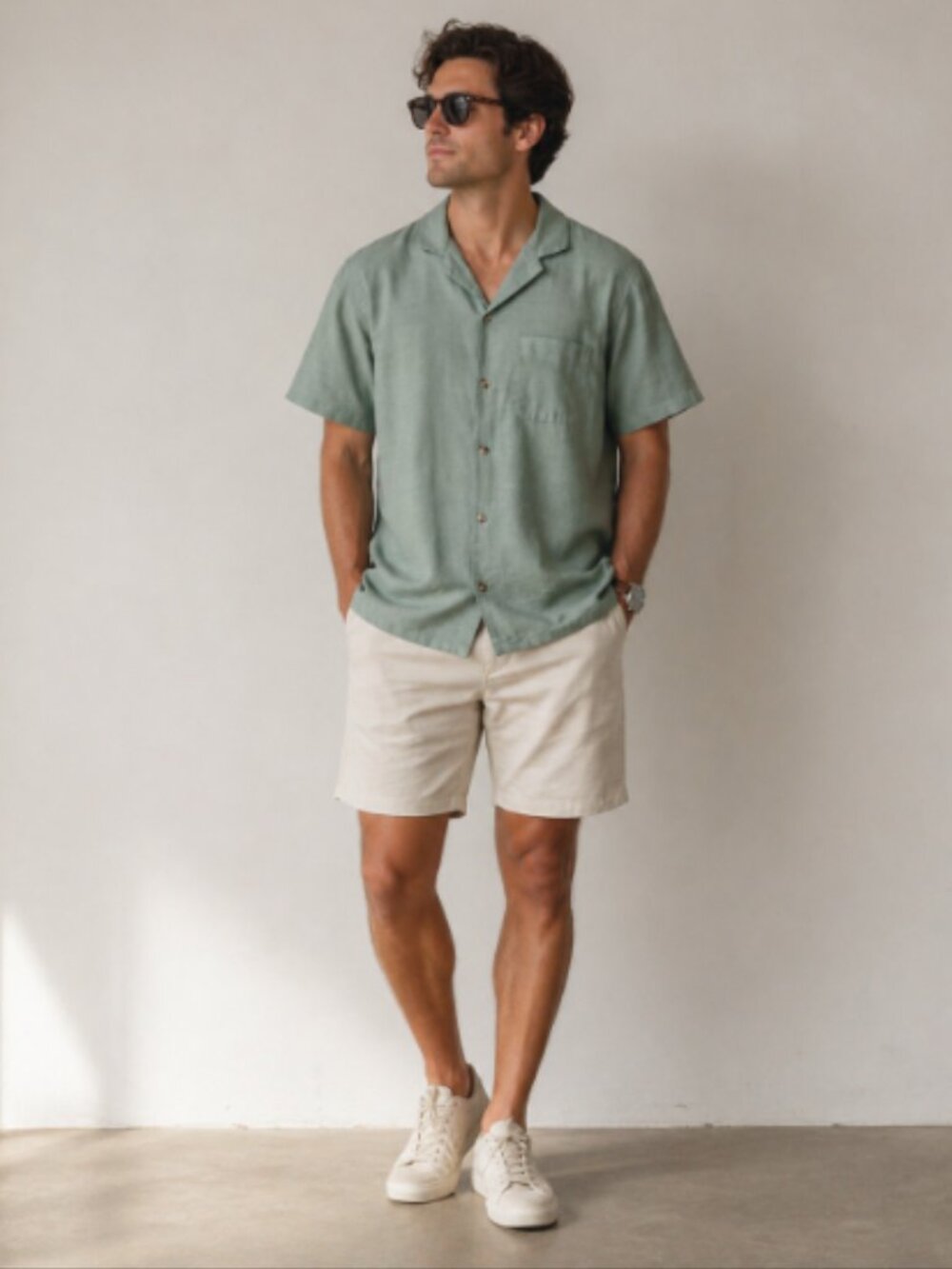 Linen Mens Short Sleeve Camp Shirt Sage Green Old Navy Button Front Size Large